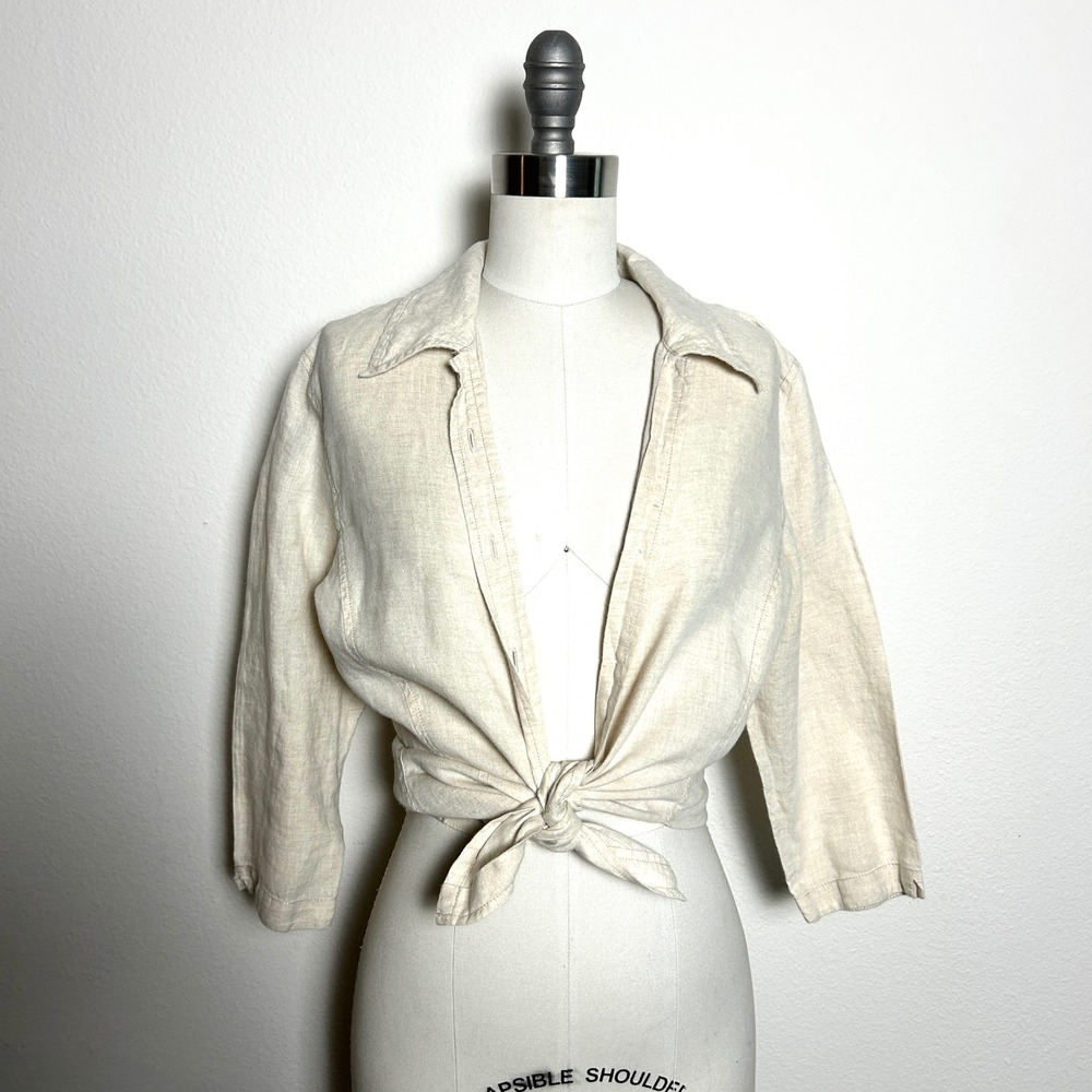 Ann Taylor Beige 100% Linen Button Down Tailored Shirt Vintage Y2K Women Size M